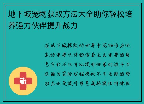 地下城宠物获取方法大全助你轻松培养强力伙伴提升战力